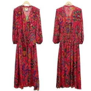 NWT Farm Rio Sunset Tapestry Floral Long Sleeve Boho Maxi Dress Warm Red Size XS thumbnail 2