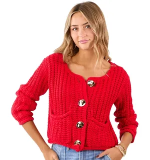Chunky Knit Red Cropped Cardigan Gold Button Pockets Women Size M thumbnail 1