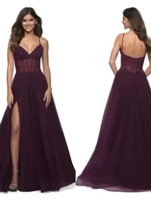 La FEMME 30334 Corset Sheer Bodice Tulle A-Line Gown In Dark Berry 4 FLAW thumbnail 2