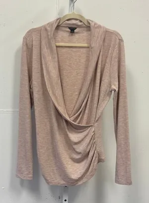 Ann Taylor Nude Pink Heathered Draped Shawl Neck Faux Wrap Top Sweater Large thumbnail 1