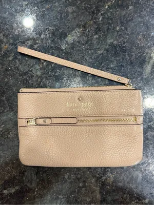 Kate Spade Beige Pebbled Leather Wristlet with Front zipper pocket. thumbnail 2