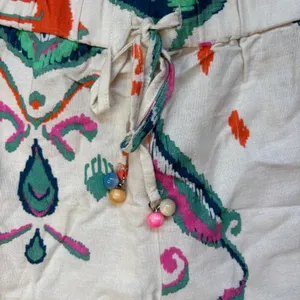 Zara Linen Print Shorts Boho Pom Pom‎ Drawstring Waist Casual Summer XS thumbnail 8
