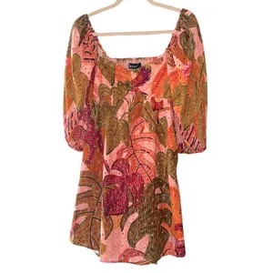 Kourt Tropical Leaf Puff‎ Sleeve Mini Dress Pink Orange Multicolor Size S NWT thumbnail 2