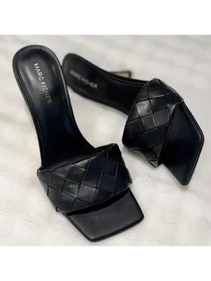 Marc Fisher Black Leather Mules | Square Toe Kitten Heels | Minimalist Chic thumbnail 3