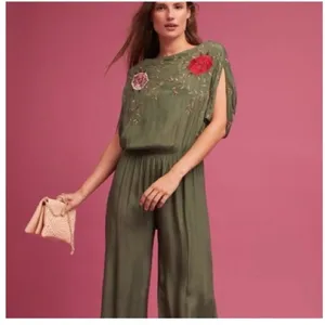 Anthropologie Seen‎ Worn & Kept Embroidered Satin Jumpsuit S Green Boho Chic thumbnail 7