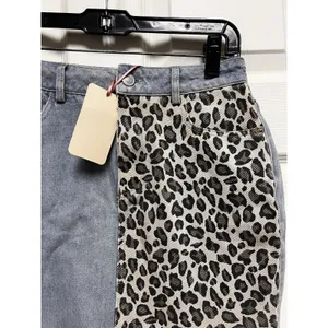 Entro Blue Denim Leopard Print Colorblock Mini Skirt Raw‎ Hem Small NWT thumbnail 4