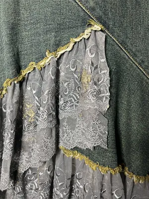 Y2K Vintage Asymmetrical Lace Hem Floral Beaded Fairy Grunge Denim Midi Skirt thumbnail 10
