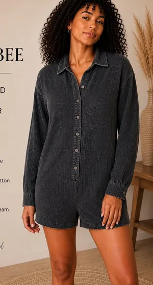 Bird Bee Textured Gauze Romper Charcoal Black Long Sleeve Button Front Size M thumbnail 1