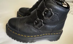 Dr. Martens Women's Devon Flower Buckle Black Leather Platform Boots Size 7 thumbnail 1