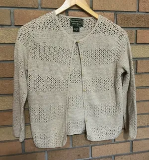 Eddie Bauer Hand Crocheted Linen Cotton Open Knit Button Down Sweater Medium VTG thumbnail 1