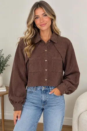 Princess Polly Cropped Corduroy Button-Front Shirt Jacket - Brown thumbnail 1