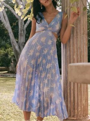 Abercrombie A&F Giselle Pleated Blue Cutout Dress XSP thumbnail 1