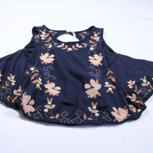 Free People Embroidered Swing Tank Top Women XS Navy Blue Floral Open Back Boho thumbnail 12