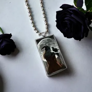 1pc Witch & Crow Pattern Rectangular Pendant Necklace Exquisite Silver Plated‎ thumbnail 4