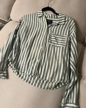 ANF Abercrombie and Fitch Green White Vertical Striped Button Down Up Blouse Top Shirt thumbnail 1