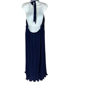 Lulus Navy Blue Pleated Halter Open Back Midi Dress XL Ruffle Trim Wedding Guest thumbnail 4