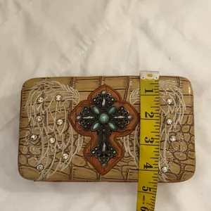 Western Boho Hippie Indie Tan cream western large beaded clutch bag purse wallet rhinestones angel wings dedazzled embellished silver tone Measurements in pics thumbnail 7