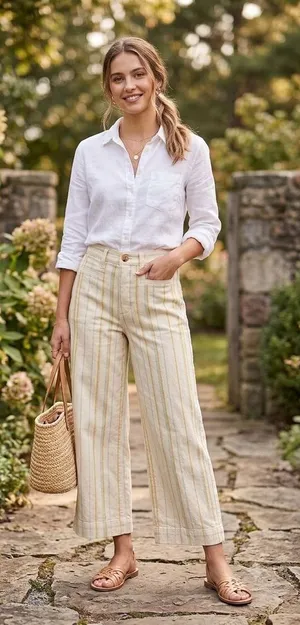Madewell Emmett Wide-Leg Crop Pants Striped White Yellow Blue Denim Jeans Size 2 thumbnail 1