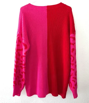 Red & Pink Two Toned V Neck Knit Pullover Leopard Print Sweater thumbnail 8