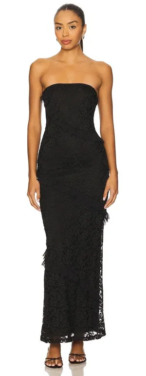 MORE TO COME Xandra Romantic Strapless Black Stretch Lace Maxi Dress XS NWT thumbnail 1