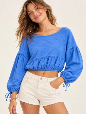 Aerie Endless Summer Cropped Eyelet Blue Tie Cuff Sweatshirt Size XS thumbnail 1