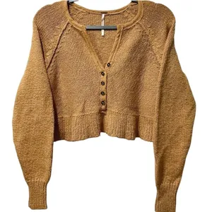 Free People Sweetheart Henley Cropped V-Neck Tan Camel Boho Sweater XS‎ $128 NWT thumbnail 2