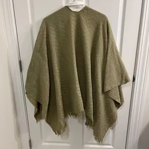 Neutral Knit Shawl/ Cape in Herringbone Pattern with Sage and Tan thumbnail 3
