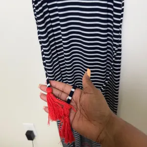 THML‎ Women Maxi Dress Medium Blue White Striped Red Embroidered Boho Resort thumbnail 2