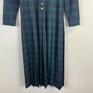 Vintage Tartan‎ Plaid Maxi Dress Womens 4 Green Navy Pleated A-Line Gold Buttons thumbnail 5