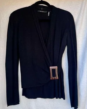 Nic & Zoe Charcoal Black Overlay Wrap Light Sweater Sz M thumbnail 3