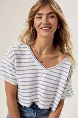 altar'd state Sylvie V Neck Crop Striped Blue& White Women’s Xxs Relaxed Xxs thumbnail 1