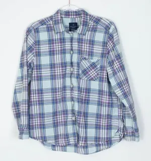 American Eagle Womens Boyfriend Plaid Button‎ Down Shirt Size Large Blue Casual thumbnail 1