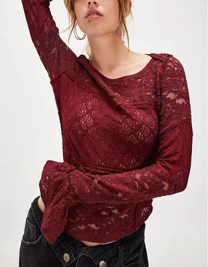 NWT Free People Burgundy Lace Long Sleeve Top M thumbnail 4