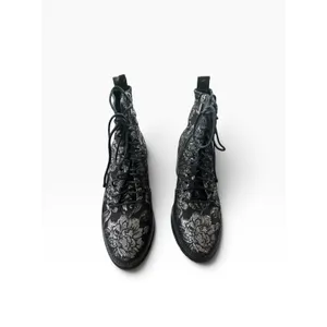 Jimmy Choo Floral Brocade Combat Boots 38.5 Black Silver Metallic Whimsigoth thumbnail 2