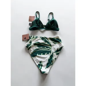 Shade & Shore Green Ribbed Triangle‎ Top Tropical Palm High Waist Bikini Set S thumbnail 2