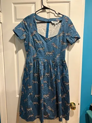 Harkel dress novelty zebra print whimsical blue sweetheart neck sz 8 M thumbnail 1