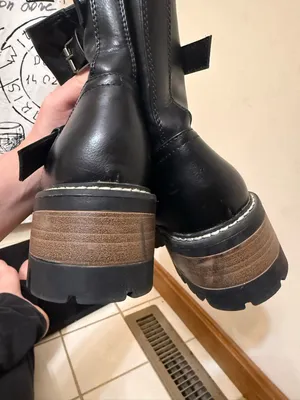 Universal Threads | Black Leather Mid-Calf Combat Boots with Buckle Strap thumbnail 4
