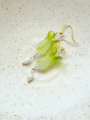 Handmade lamp work cabbage & freshwater funky boho fairy cute unique dangle earrings 🥬✨ thumbnail 3