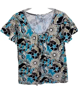 Ivy Crew Women Medium Turquoise Floral Paisley Cotton‎ Short Sleeve Top T-Shirt thumbnail 1