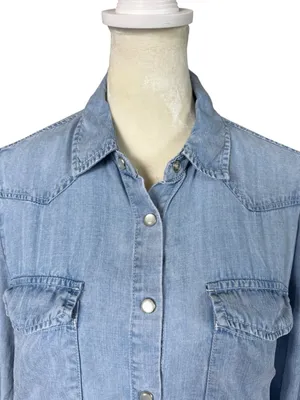 Women's blue jean-like long sleeve collared snap front lightweight shirt size S thumbnail 5