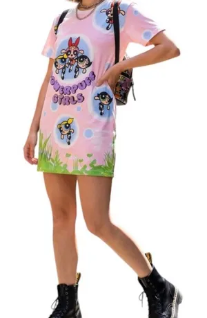 Powerpuff Girls Pink lady Vintage 90s Cotton T-shirt dress Graphic Tee Dress thumbnail 1