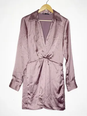 Zara Purple Satin Low Cut Dress Size Medium thumbnail 1