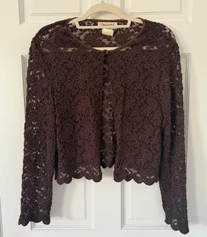 vintage y2k boho indie cottage coquette brown lace long sleeve cardigan top thumbnail 1