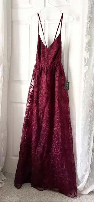 New Lulus Always With You Burgundy Floral Embroidered Organza Maxi Dress sz S thumbnail 1