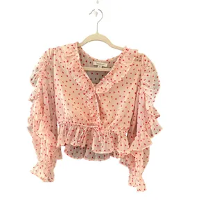 Francesca's Heart‎ Print Ruffle Crop Top Romantic XS Cream Red Coquette Chiffon thumbnail 2