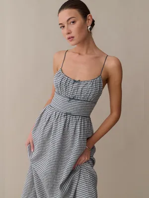 Few Moda Kourt Darya Size XS Blue Linen Smocked Midi Dress thumbnail 3