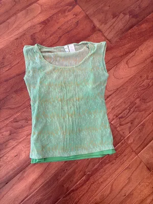 Y2K Vintage CITY DKNY Green Mesh Patterned Double Layered Baby Tee Size Small thumbnail 2