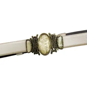 Vintage Chicos White Pearly Stone Buckle Champagne White Leather Belt Retro thumbnail 2