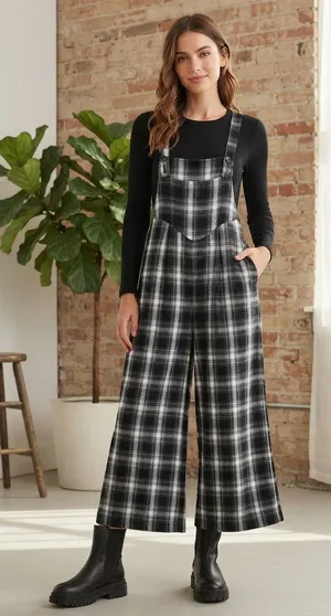 SHEIN Plaid Overall Jumpsuit M Black/White EUC thumbnail 1
