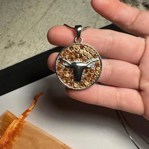 Rhinestone Texas Longhorn Round Pendant Silver Tone Chain Necklace NWOT thumbnail 4